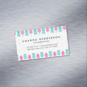 ピンクガーリーティール(緑がかった色)熱帯パイナップルパターン マグネット名刺 (インサイチュ)