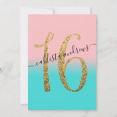 ピンクガーリーティール(緑がかった色)金ゴールドグラデーショングリッタースウィート16 招待状 (裏面)