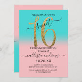 ピンクガーリーティール(緑がかった色)金ゴールドグラデーショングリッタースウィート16 招待状 (正面/裏面)