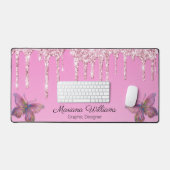 ピンクガーリードリップグリッター蝶ビジネス デスクマット (キーボード&マウス)