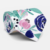 ピンクガーリーネイビーブルー金ゴールド水彩花 ネクタイ (ロール)
