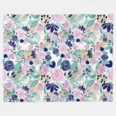 ピンクガーリーネイビーブルー金ゴールド水彩花 フリースブランケット (正面(横))