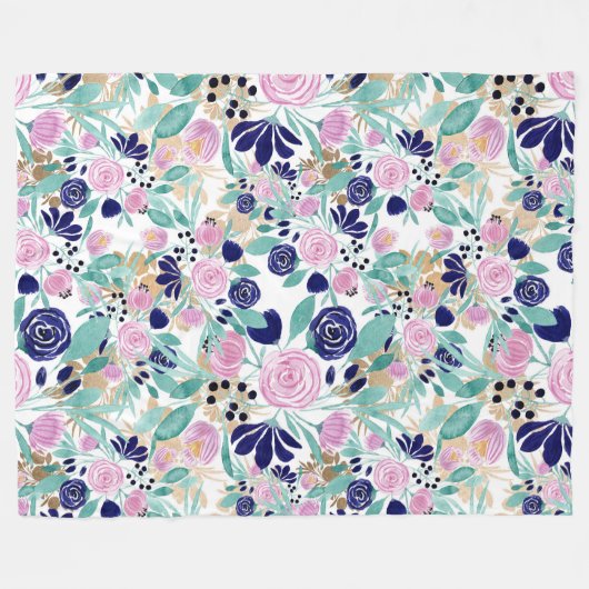 ピンクガーリーネイビーブルー金ゴールド水彩花 フリースブランケット (正面(横))