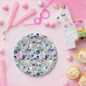 ピンクガーリーネイビーブルー金ゴールド水彩花 ペーパープレート (パーティー)