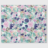 ピンクガーリーネイビーブルー金ゴールド水彩花 ラッピングペーパー (フラット)