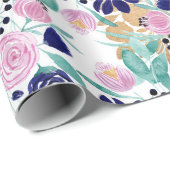 ピンクガーリーネイビーブルー金ゴールド水彩花 ラッピングペーパー (ロールコーナー)