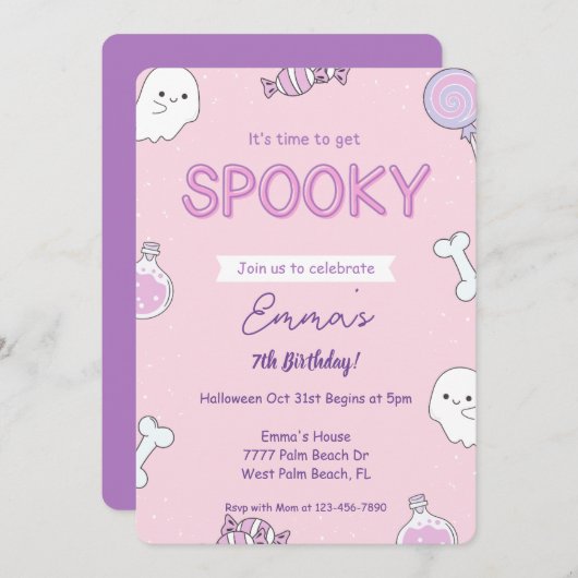 ピンクガーリーハロウィーン子供の誕生日招待状 招待状 (正面/裏面)