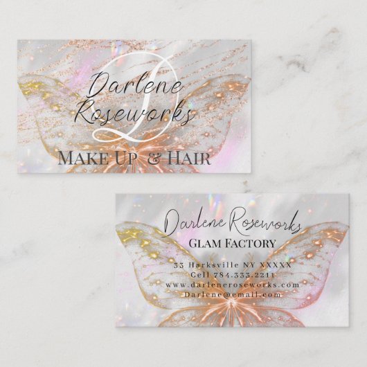 ピンクガーリーバタフライスパークルヘアサロン 名刺 (正面/裏面)