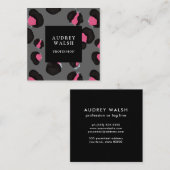 ピンクガーリーバック濃灰色ヒョウ柄 スクエア名刺 (正面/裏面)