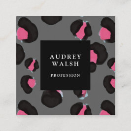 ピンクガーリーバック濃灰色ヒョウ柄 スクエア名刺