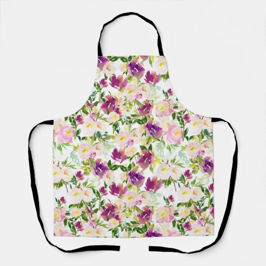 ピンクガーリーバーガンディ水カラーフローラ エプロン (正面)