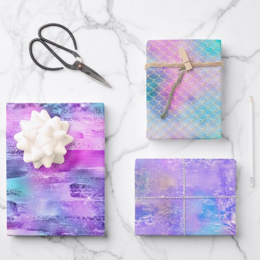 ピンクガーリーパープルアクアグリジーなマーメイドストライプズ ラッピングペーパーシート (正面)