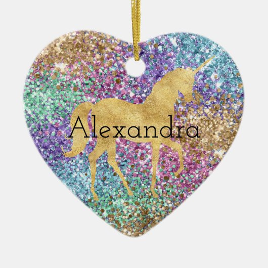 ピンクガーリーパープルアクアミント金ゴールドユニコーンスパークル セラミックオーナメント (正面)