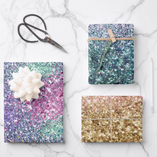 ピンクガーリーパープルアクアミント金ゴールドユニコーンスパークル ラッピングペーパーシート (正面)