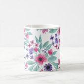 ピンクガーリーパープルティール(緑がかった色)水彩フローラモノグラム コーヒーマグカップ (中央)