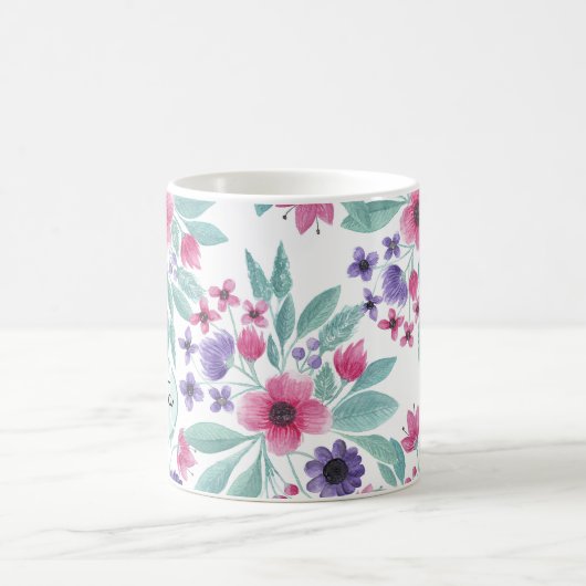 ピンクガーリーパープルティール（緑がかった色）水彩フローラモノグラム コーヒーマグカップ (中央)