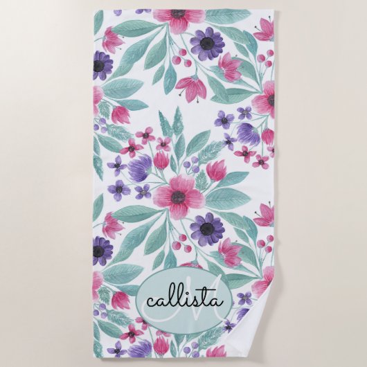 ピンクガーリーパープルティール(緑がかった色)水彩フローラモノグラム ビーチタオル (正面)