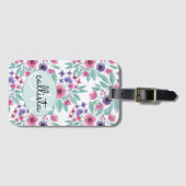 ピンクガーリーパープルティール（緑がかった色）水彩フローラモノグラム ラゲッジタグ (正面横)