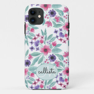 ピンクガーリーパープルティール(緑がかった色)水彩フローラモノグラム iPhone 11 ケース