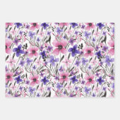 ピンクガーリーパープルティール（緑がかった色）水彩花模様 ラッピングペーパーシート (正面3)