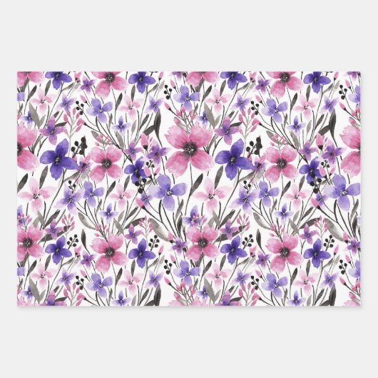 ピンクガーリーパープルティール（緑がかった色）水彩花模様 ラッピングペーパーシート (正面3)