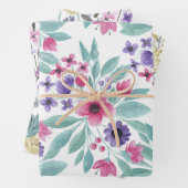 ピンクガーリーパープルティール（緑がかった色）水彩花模様 ラッピングペーパーシート (インサイチュ)