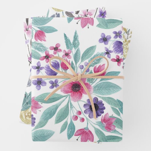 ピンクガーリーパープルティール(緑がかった色)水彩花模様 ラッピングペーパーシート (インサイチュ)
