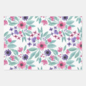 ピンクガーリーパープルティール（緑がかった色）水彩花模様 ラッピングペーパーシート (正面)