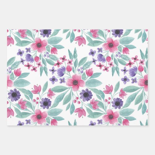 ピンクガーリーパープルティール（緑がかった色）水彩花模様 ラッピングペーパーシート (正面)