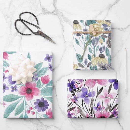ピンクガーリーパープルティール（緑がかった色）水彩花模様 ラッピングペーパーシート (正面)