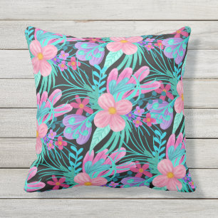 ピンクガーリーパープルティール（緑がかった色）水彩花葉色 アウトドアクッション