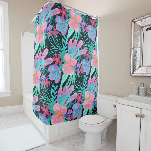ピンクガーリーパープルティール（緑がかった色）水彩花葉色 シャワーカーテン (インサイチュ)