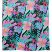 ピンクガーリーパープルティール（緑がかった色）水彩花葉色 シャワーカーテン (正面)