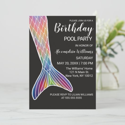 ピンクガーリーパープルネイビーマーメイドテールプール誕生日 招待状 (スタンド正面)