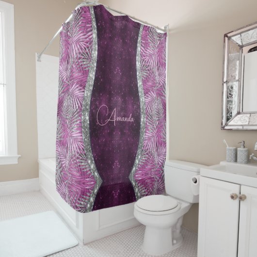 ピンクガーリーパープル銀グリッター葉モノグラム シャワーカーテン (インサイチュ)
