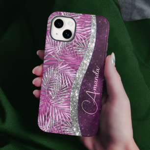 ピンクガーリーパープル銀グリッター葉モノグラム Case-Mate iPhone 14ケース