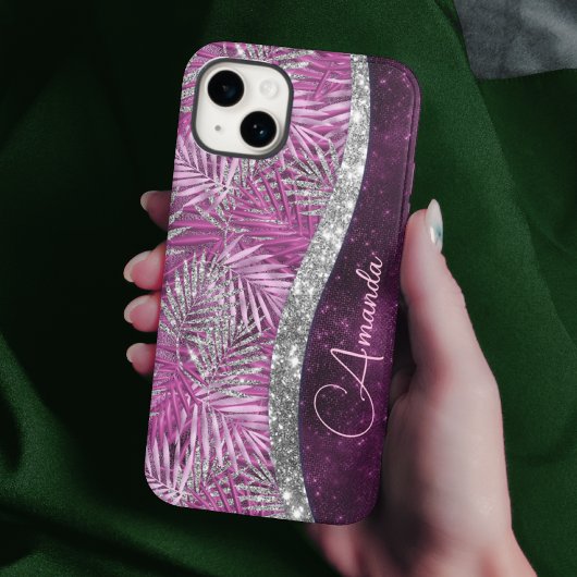 ピンクガーリーパープル銀グリッター葉モノグラム Case-Mate iPhoneケース