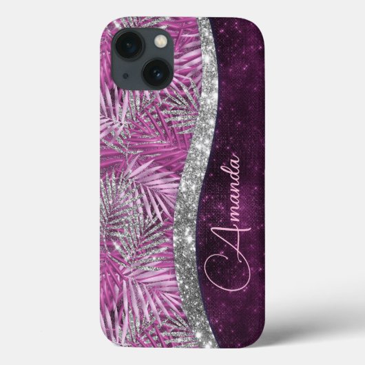 ピンクガーリーパープル銀グリッター葉モノグラム Case-Mate iPhoneケース (裏面)