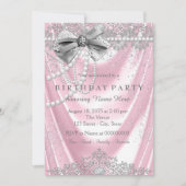 ピンクガーリーパールサテンピンクグレー誕生日パーティー 招待状 (正面)