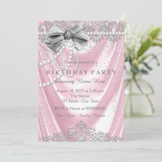 ピンクガーリーパールサテンピンクグレー誕生日パーティー 招待状 (スタンド正面)