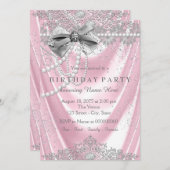ピンクガーリーパールサテンピンクグレー誕生日パーティー 招待状 (正面/裏面)