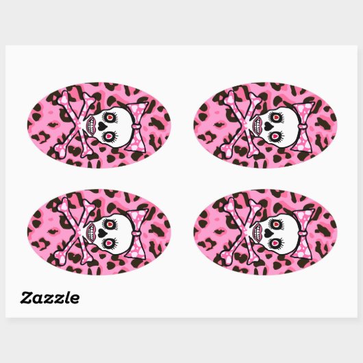 ピンクガーリーヒョウ柄かわいいゴシックパンクスカル 楕円形シール (シート)