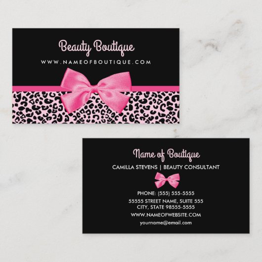 ピンクガーリーヒョウ柄かわいいボウ美しいブティック 名刺 (正面/裏面)