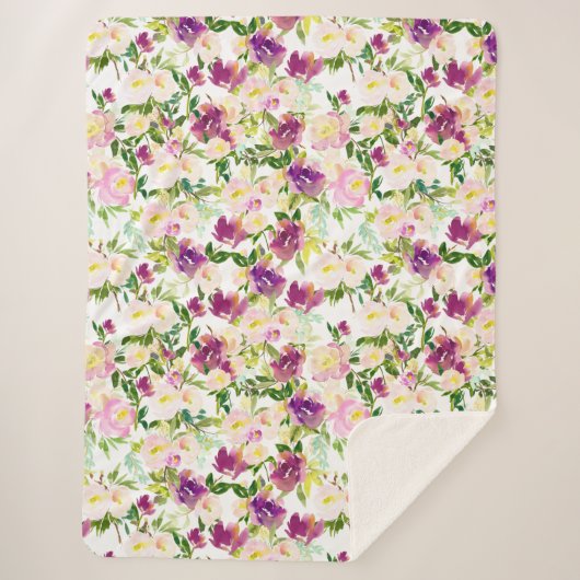 ピンクガーリーピーチパープルブルゴーニュ水カラーフローラ シェルパブランケット (正面)