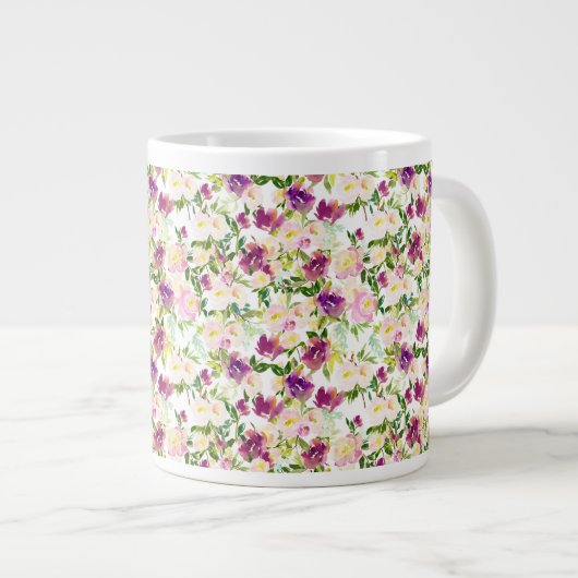 ピンクガーリーピーチパープルブルゴーニュ水カラーフローラ ジャンボコーヒーマグカップ (正面右)