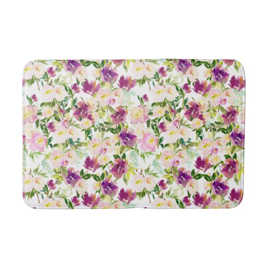 ピンクガーリーピーチパープルブルゴーニュ水カラーフローラ バスマット (正面)