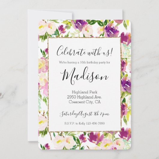 ピンクガーリーピーチパープルブルゴーニュ水カラーフローラ 招待状 (正面)