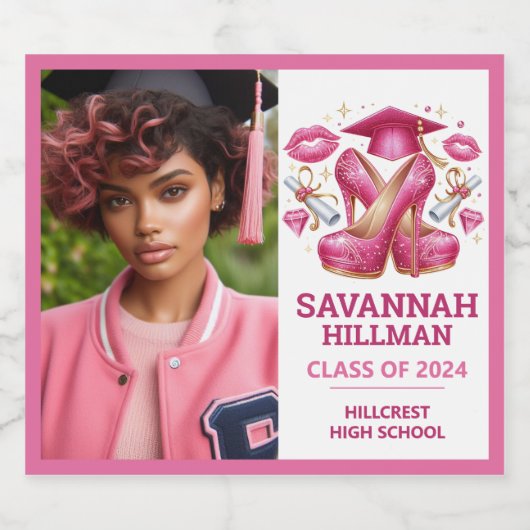 ピンクガーリーフォトカスタムラグジュアリー卒業 スパークリングワインラベル (シングルラベル)