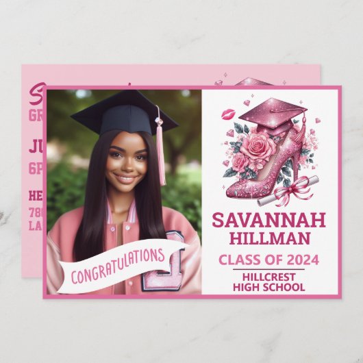 ピンクガーリーフォトカスタムラグジュアリー卒業 招待状 (正面/裏面)