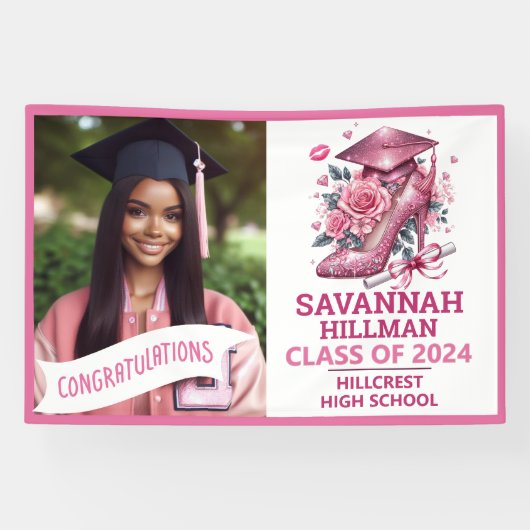 ピンクガーリーフォトカスタムラグジュアリー卒業 横断幕 (横)